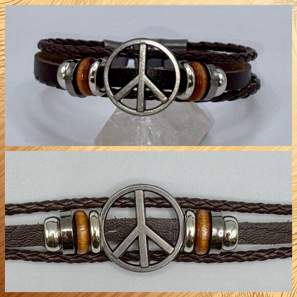 Boho Peace Sign Faux Leather Bracelet – 8” Blue and Black #1482 - Picture 1 of 10